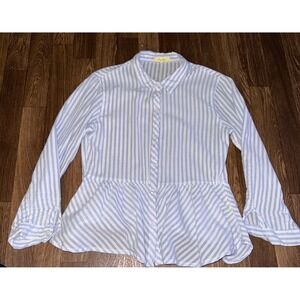 Love Notes Blue Striped Peplum Top Long Sleeve Button Down Blouse Large